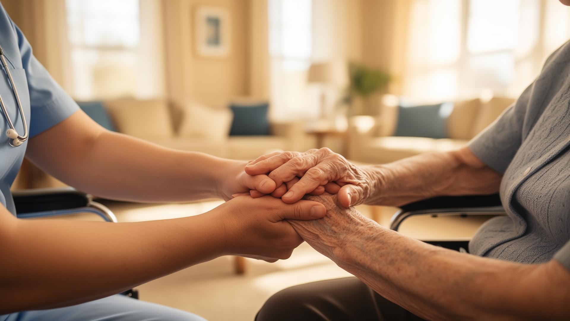 Caregiver gently holding the hands of an elderly client in a warm sunlit home