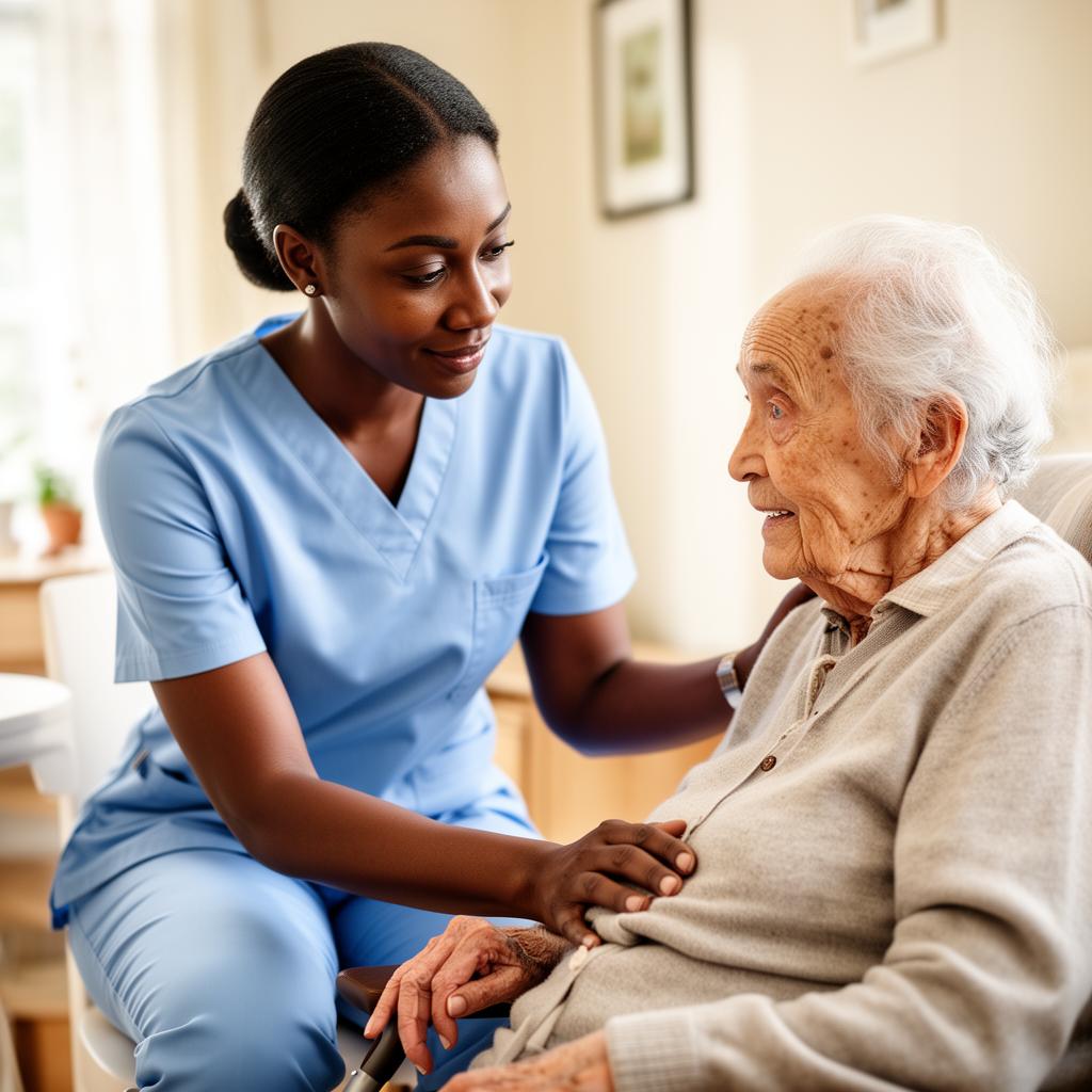 Caregiver gently holding an elderly woman's hand in a sunlit room